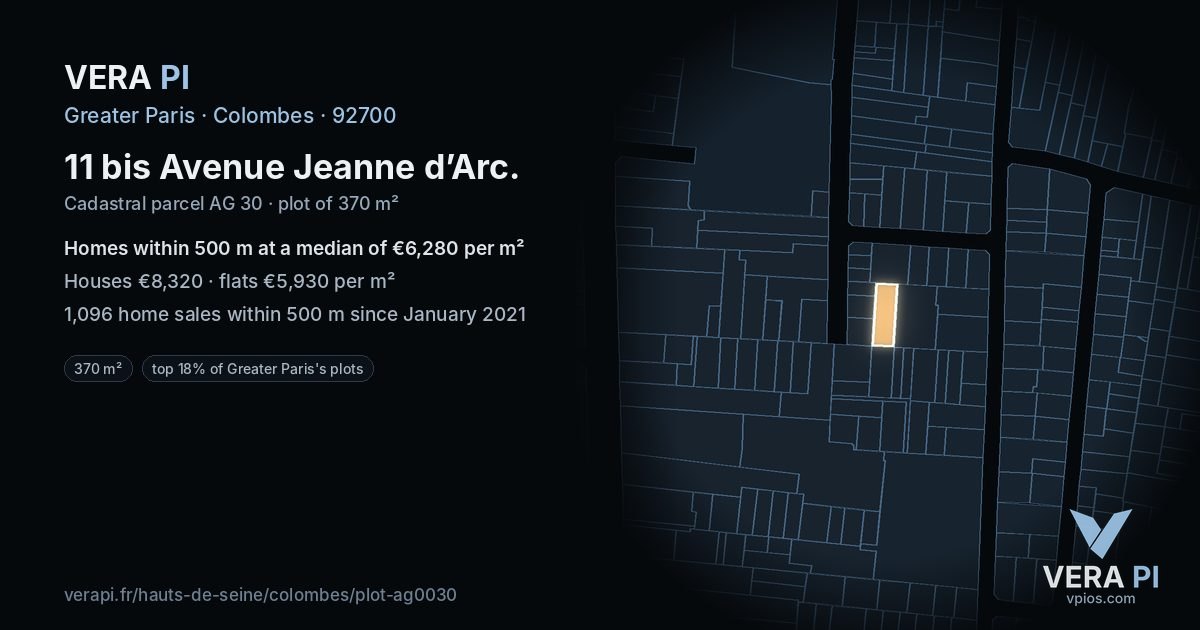 11 bis Avenue Jeanne d’Arc, Colombes at night – the plot lit, the parcels around coloured by the prices near them
