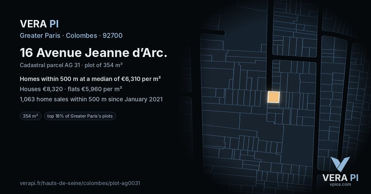 16 Avenue Jeanne d’Arc, Colombes at night – the plot lit, the parcels around coloured by the prices near them