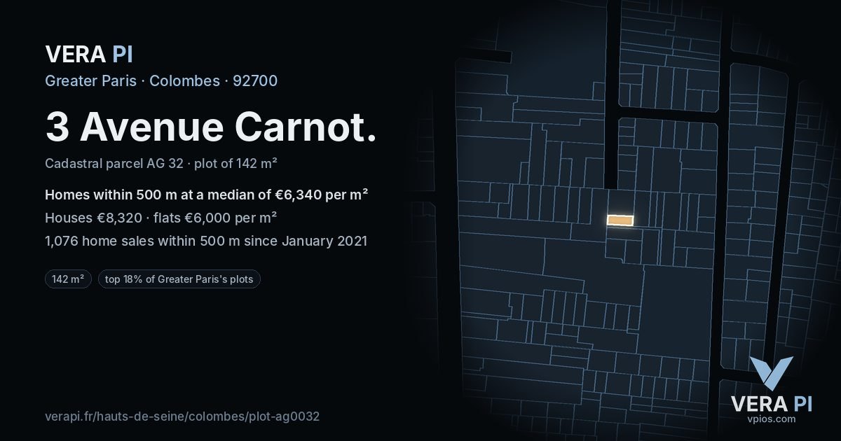 3 Avenue Carnot, Colombes at night – the plot lit, the parcels around coloured by the prices near them
