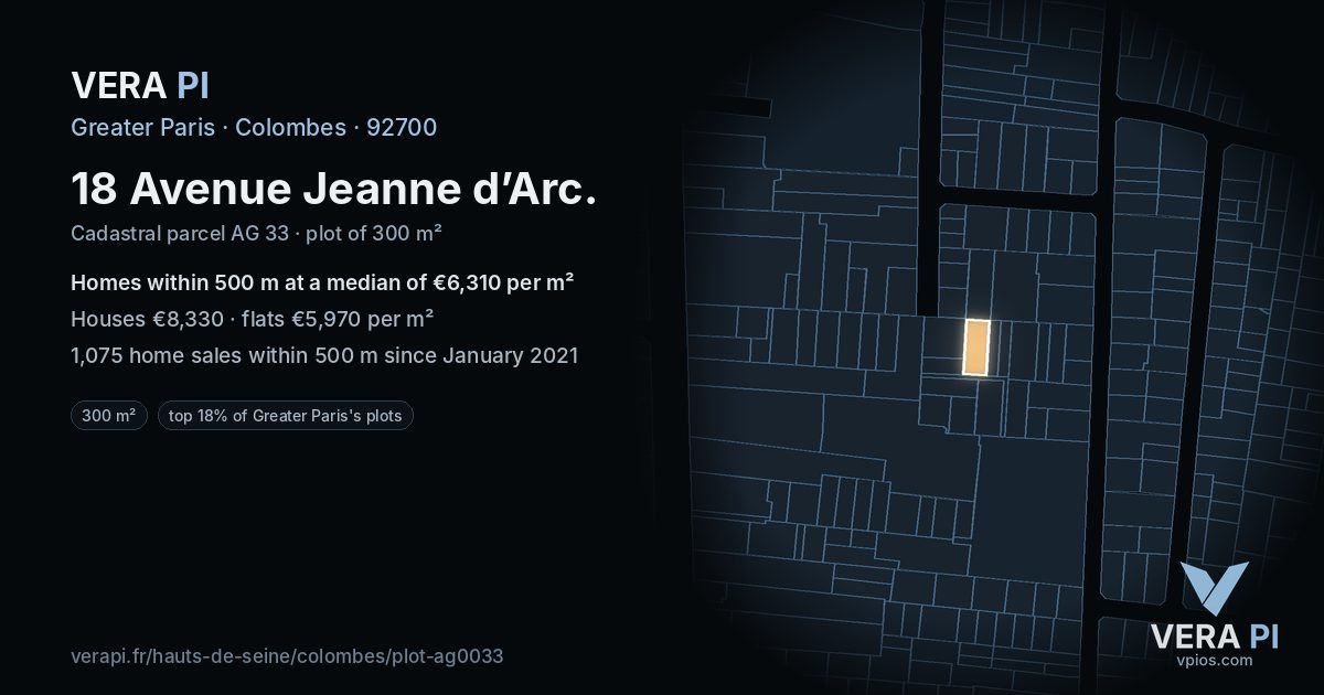 18 Avenue Jeanne d’Arc, Colombes at night – the plot lit, the parcels around coloured by the prices near them
