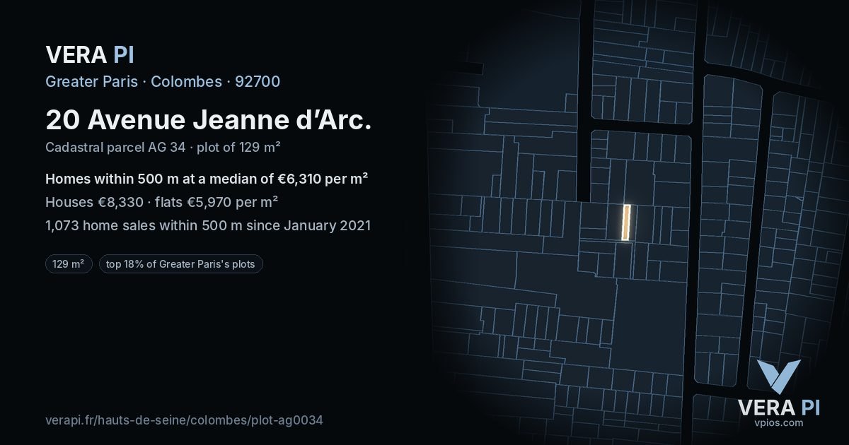 20 Avenue Jeanne d’Arc, Colombes at night – the plot lit, the parcels around coloured by the prices near them