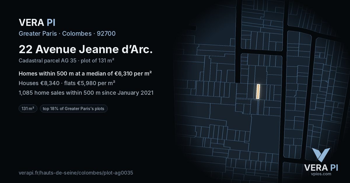 22 Avenue Jeanne d’Arc, Colombes at night – the plot lit, the parcels around coloured by the prices near them