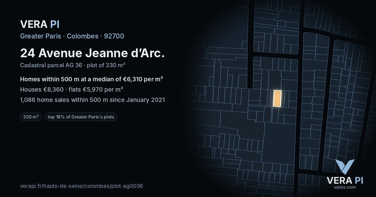 24 Avenue Jeanne d’Arc, Colombes at night – the plot lit, the parcels around coloured by the prices near them