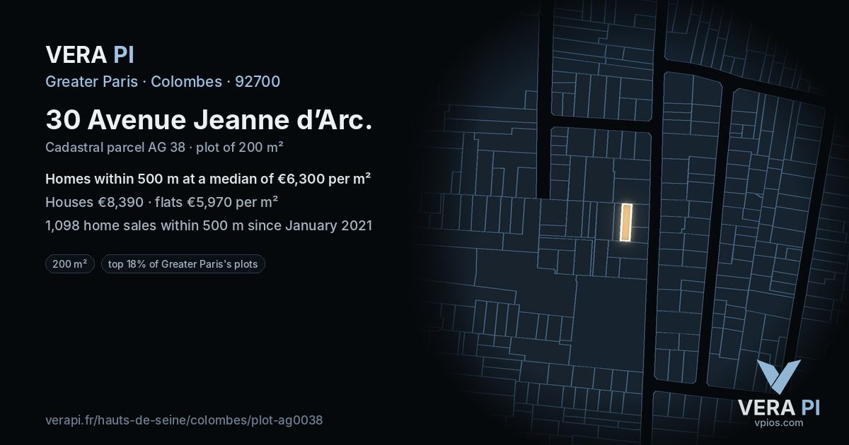 30 Avenue Jeanne d’Arc, Colombes at night – the plot lit, the parcels around coloured by the prices near them