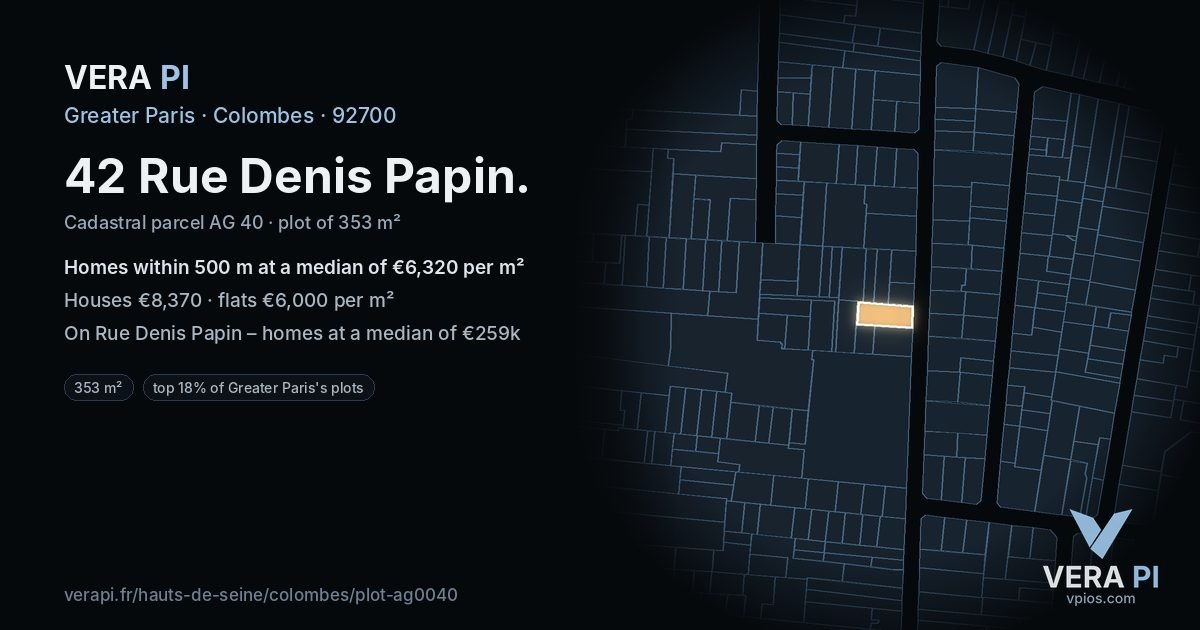 42 Rue Denis Papin, Colombes at night – the plot lit, the parcels around coloured by the prices near them