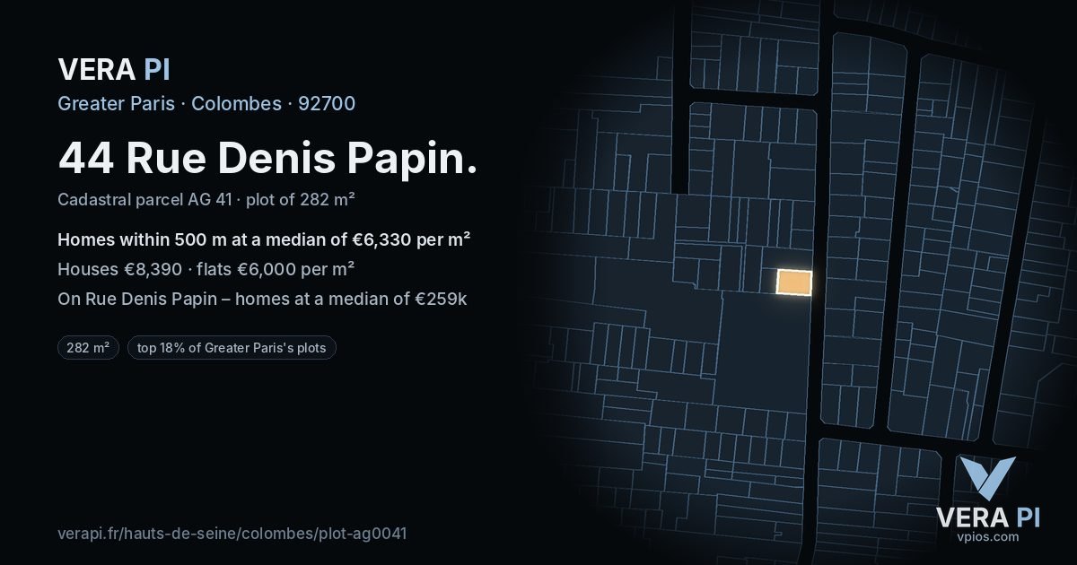 44 Rue Denis Papin, Colombes at night – the plot lit, the parcels around coloured by the prices near them