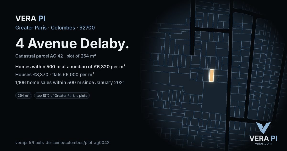 4 Avenue Delaby, Colombes at night – the plot lit, the parcels around coloured by the prices near them