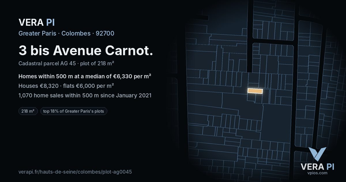 3 bis Avenue Carnot, Colombes at night – the plot lit, the parcels around coloured by the prices near them