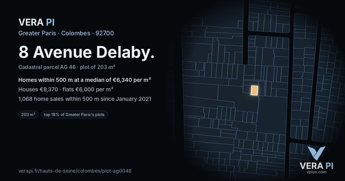 8 Avenue Delaby, Colombes at night – the plot lit, the parcels around coloured by the prices near them