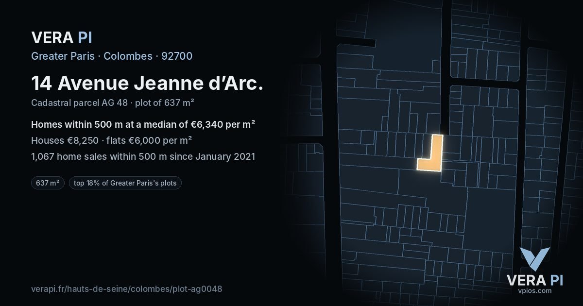 14 Avenue Jeanne d’Arc, Colombes at night – the plot lit, the parcels around coloured by the prices near them