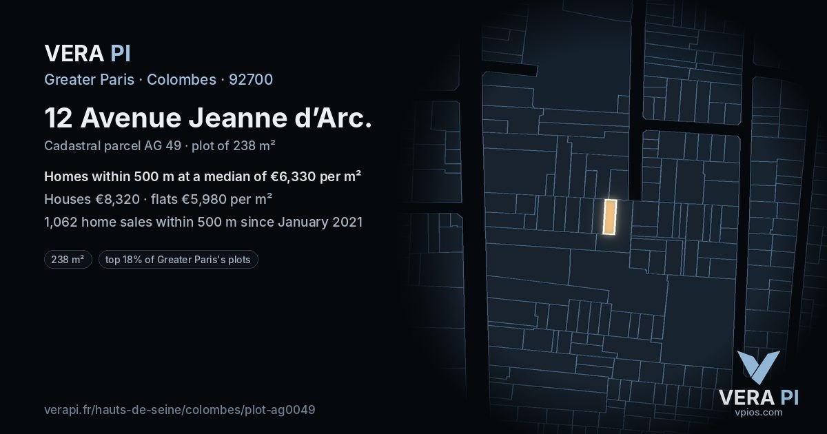 12 Avenue Jeanne d’Arc, Colombes at night – the plot lit, the parcels around coloured by the prices near them