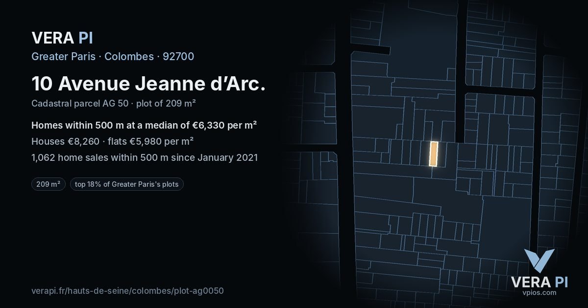 10 Avenue Jeanne d’Arc, Colombes at night – the plot lit, the parcels around coloured by the prices near them
