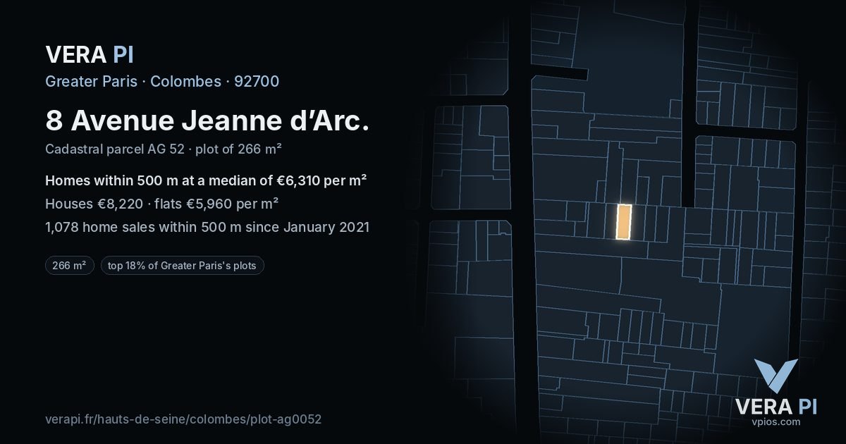 8 Avenue Jeanne d’Arc, Colombes at night – the plot lit, the parcels around coloured by the prices near them