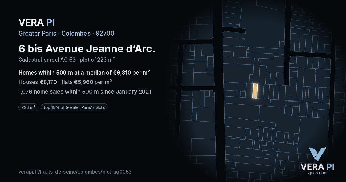 6 bis Avenue Jeanne d’Arc, Colombes at night – the plot lit, the parcels around coloured by the prices near them