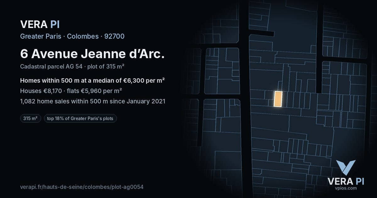 6 Avenue Jeanne d’Arc, Colombes at night – the plot lit, the parcels around coloured by the prices near them