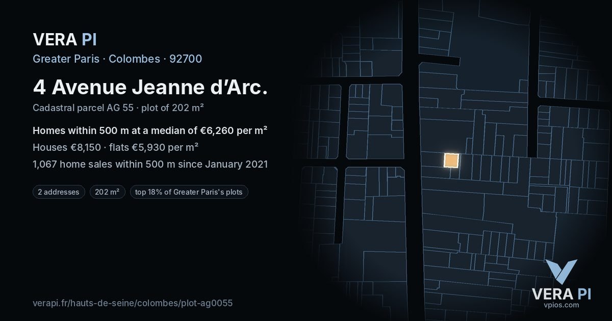 4 Avenue Jeanne d’Arc, Colombes at night – the plot lit, the parcels around coloured by the prices near them
