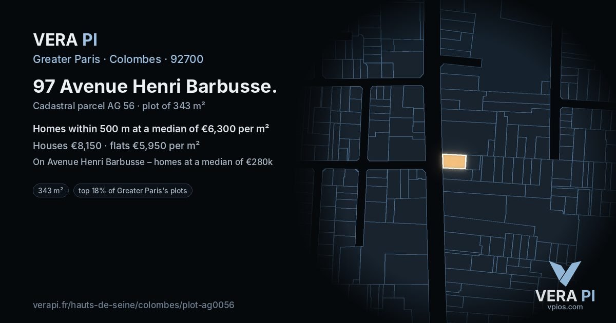 97 Avenue Henri Barbusse, Colombes at night – the plot lit, the parcels around coloured by the prices near them