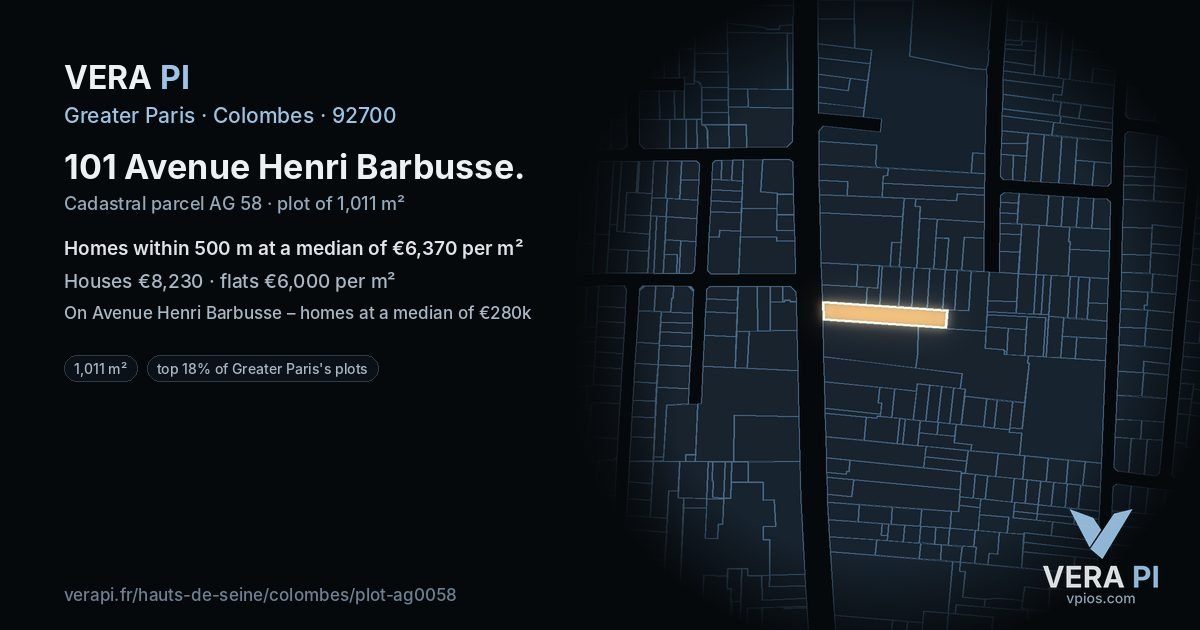 101 Avenue Henri Barbusse, Colombes at night – the plot lit, the parcels around coloured by the prices near them