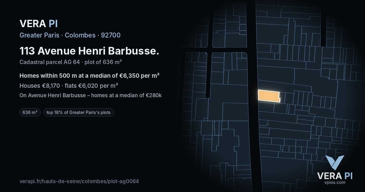 113 Avenue Henri Barbusse, Colombes at night – the plot lit, the parcels around coloured by the prices near them