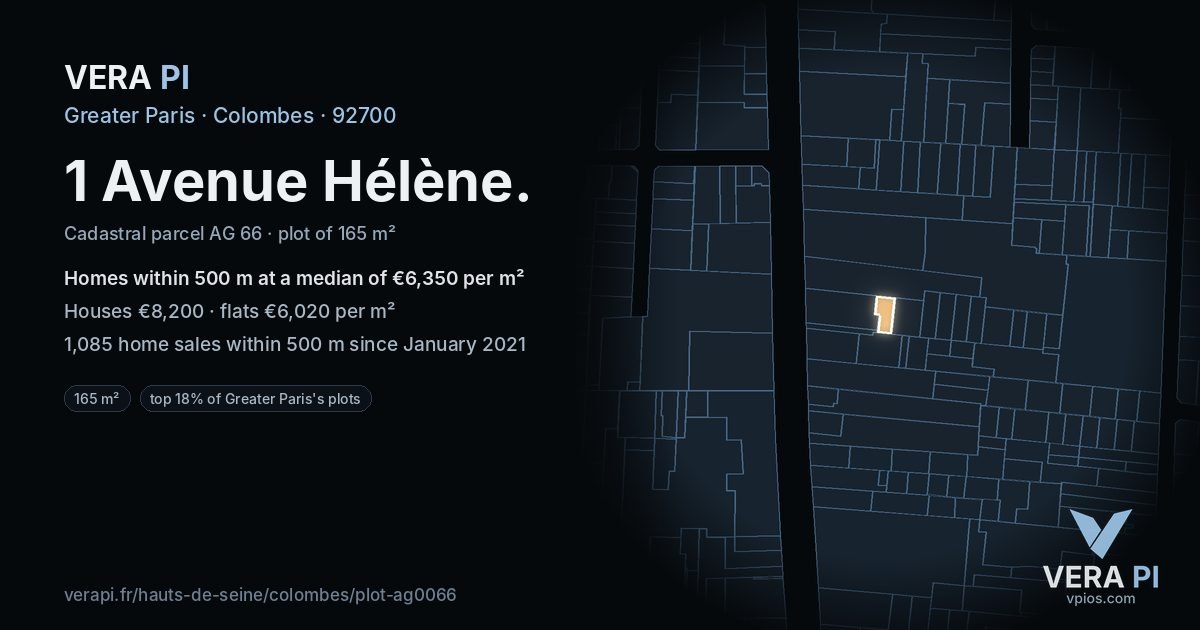 1 Avenue Hélène, Colombes at night – the plot lit, the parcels around coloured by the prices near them