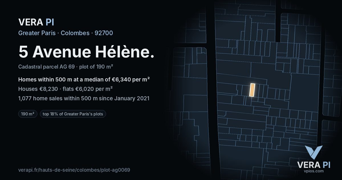 5 Avenue Hélène, Colombes at night – the plot lit, the parcels around coloured by the prices near them