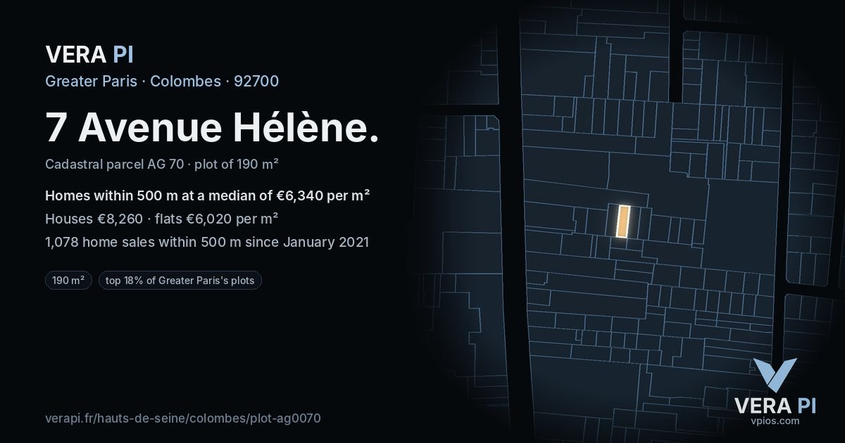 7 Avenue Hélène, Colombes at night – the plot lit, the parcels around coloured by the prices near them