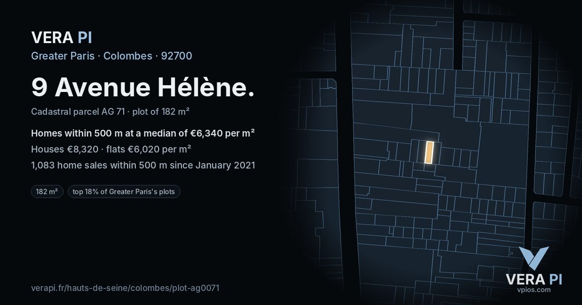 9 Avenue Hélène, Colombes at night – the plot lit, the parcels around coloured by the prices near them