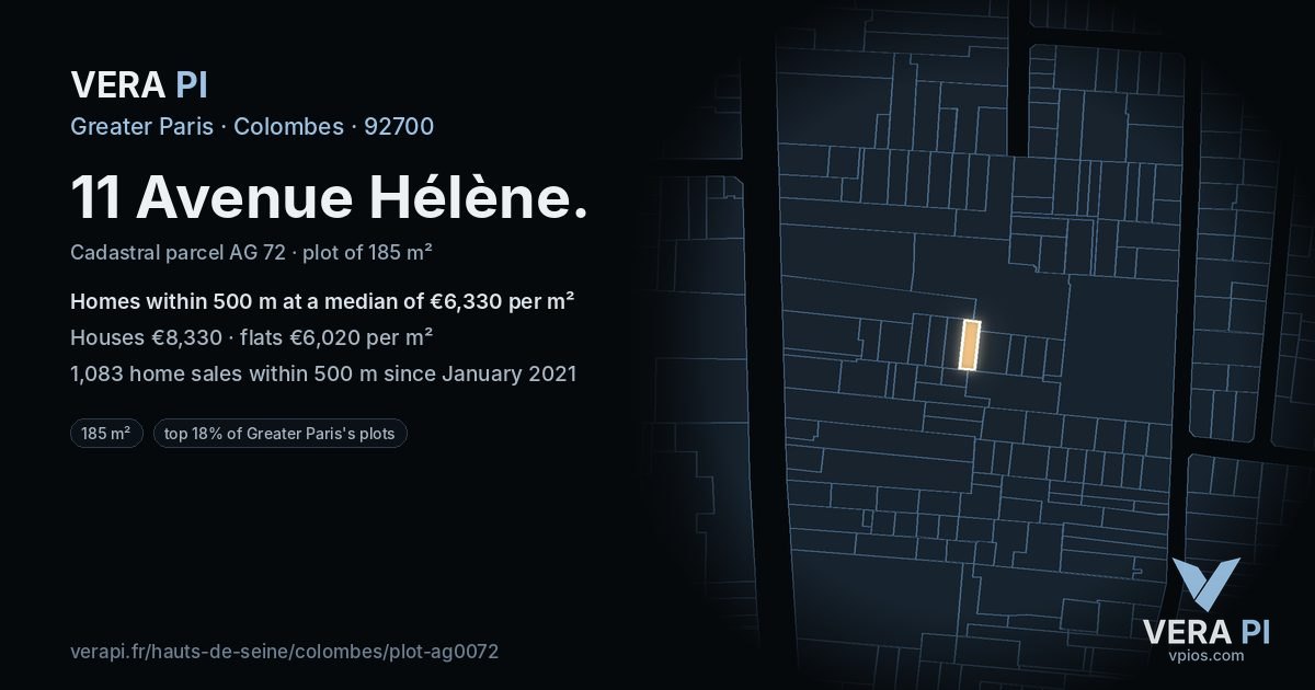 11 Avenue Hélène, Colombes at night – the plot lit, the parcels around coloured by the prices near them