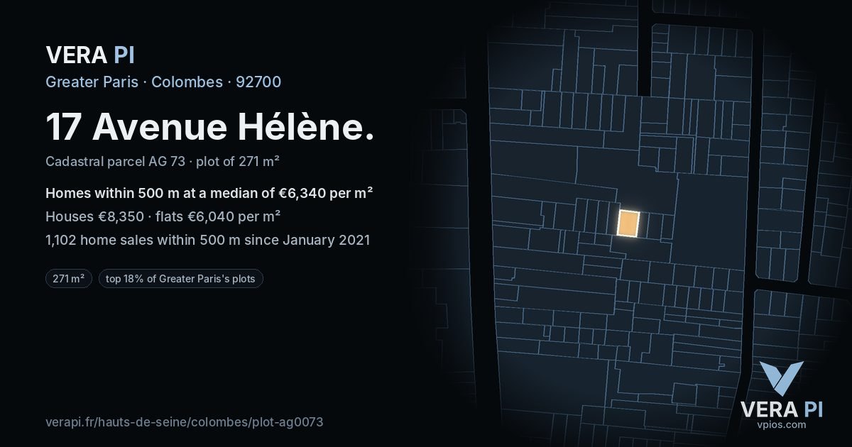17 Avenue Hélène, Colombes at night – the plot lit, the parcels around coloured by the prices near them