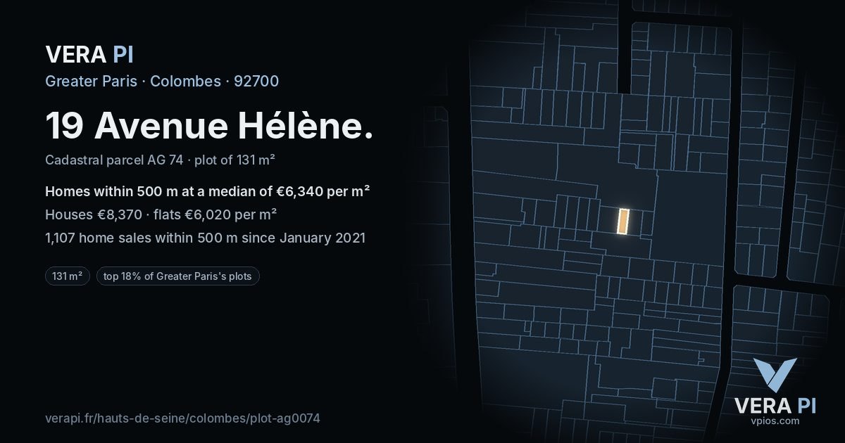 19 Avenue Hélène, Colombes at night – the plot lit, the parcels around coloured by the prices near them