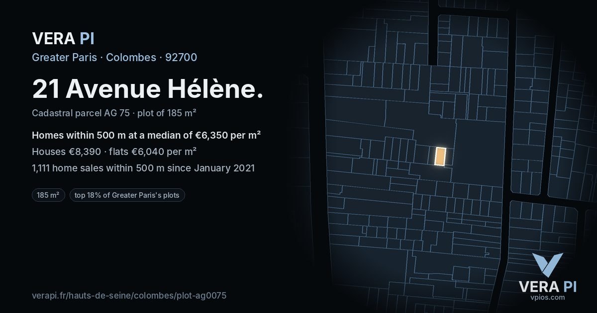 21 Avenue Hélène, Colombes at night – the plot lit, the parcels around coloured by the prices near them
