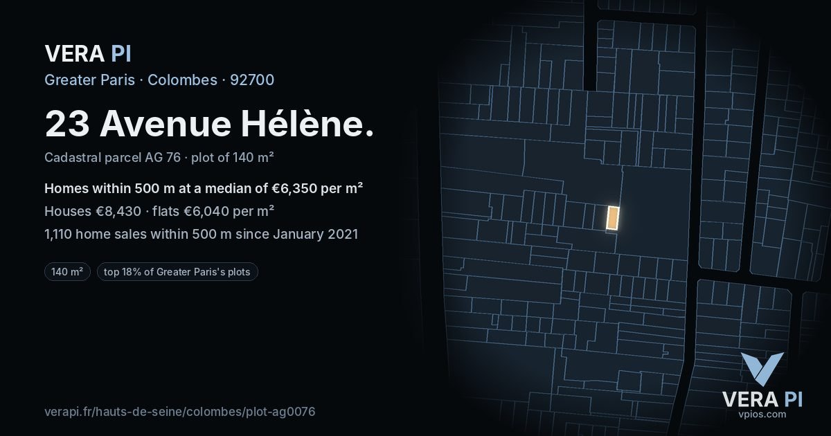 23 Avenue Hélène, Colombes at night – the plot lit, the parcels around coloured by the prices near them