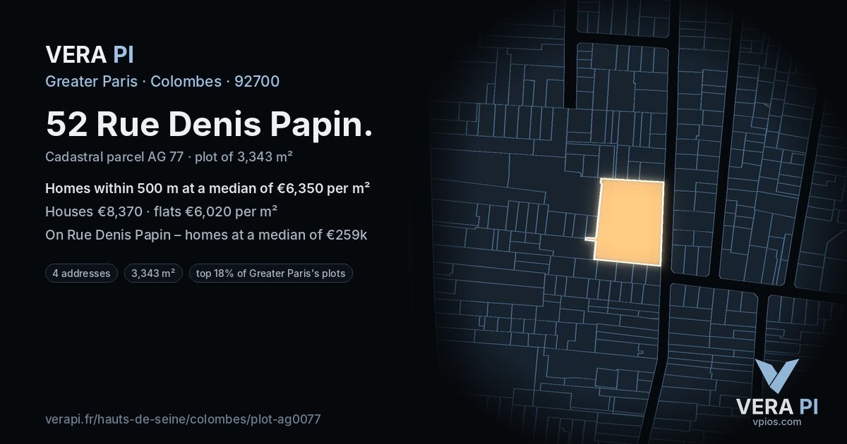 52 Rue Denis Papin, Colombes at night – the plot lit, the parcels around coloured by the prices near them