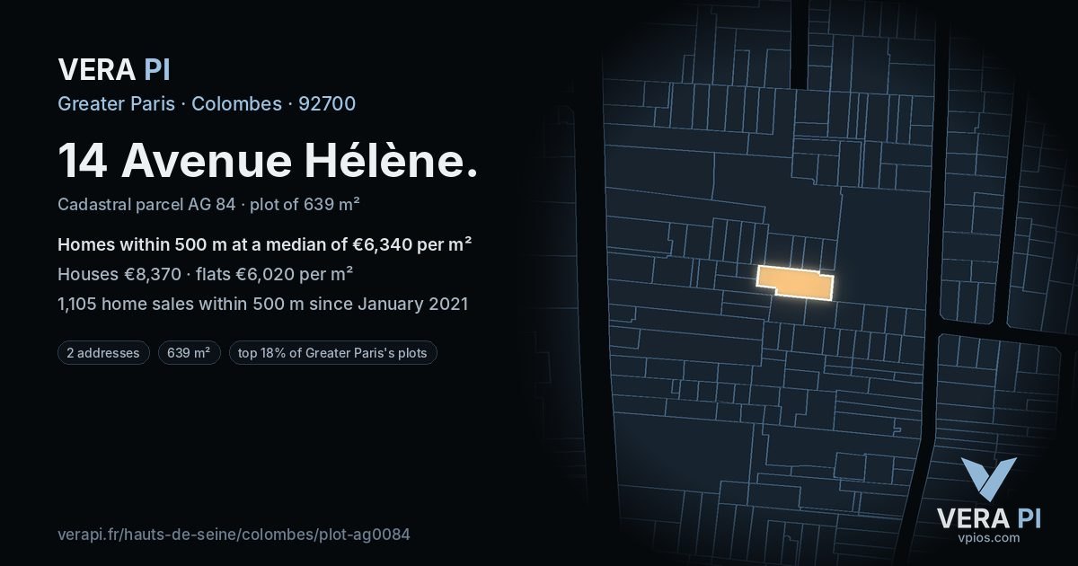 14 Avenue Hélène, Colombes at night – the plot lit, the parcels around coloured by the prices near them