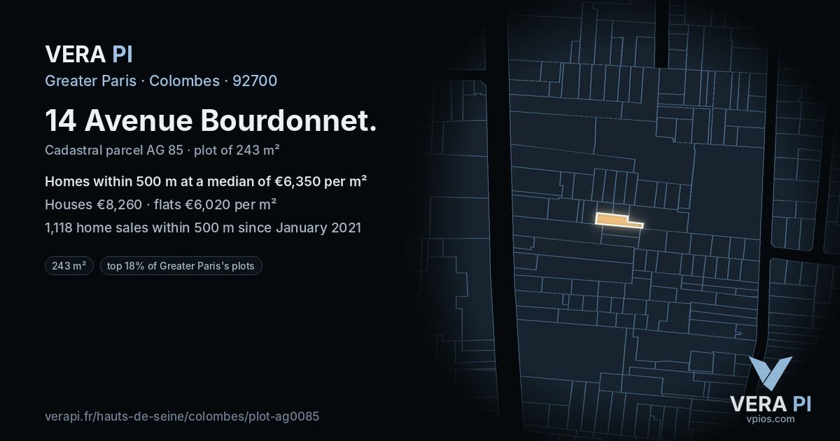 14 Avenue Bourdonnet, Colombes at night – the plot lit, the parcels around coloured by the prices near them