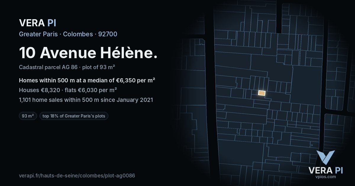 10 Avenue Hélène, Colombes at night – the plot lit, the parcels around coloured by the prices near them