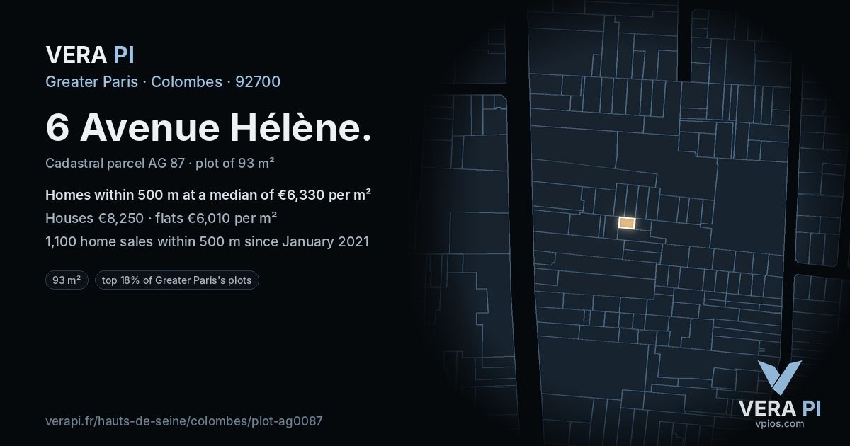 6 Avenue Hélène, Colombes at night – the plot lit, the parcels around coloured by the prices near them