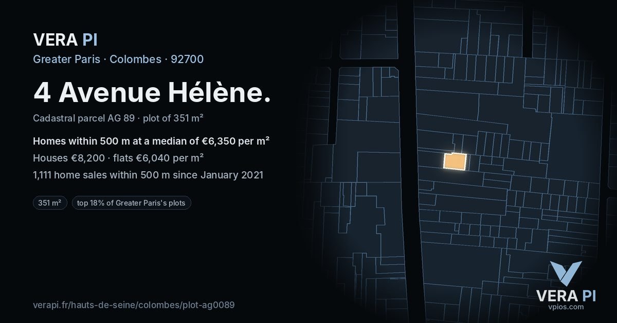 4 Avenue Hélène, Colombes at night – the plot lit, the parcels around coloured by the prices near them