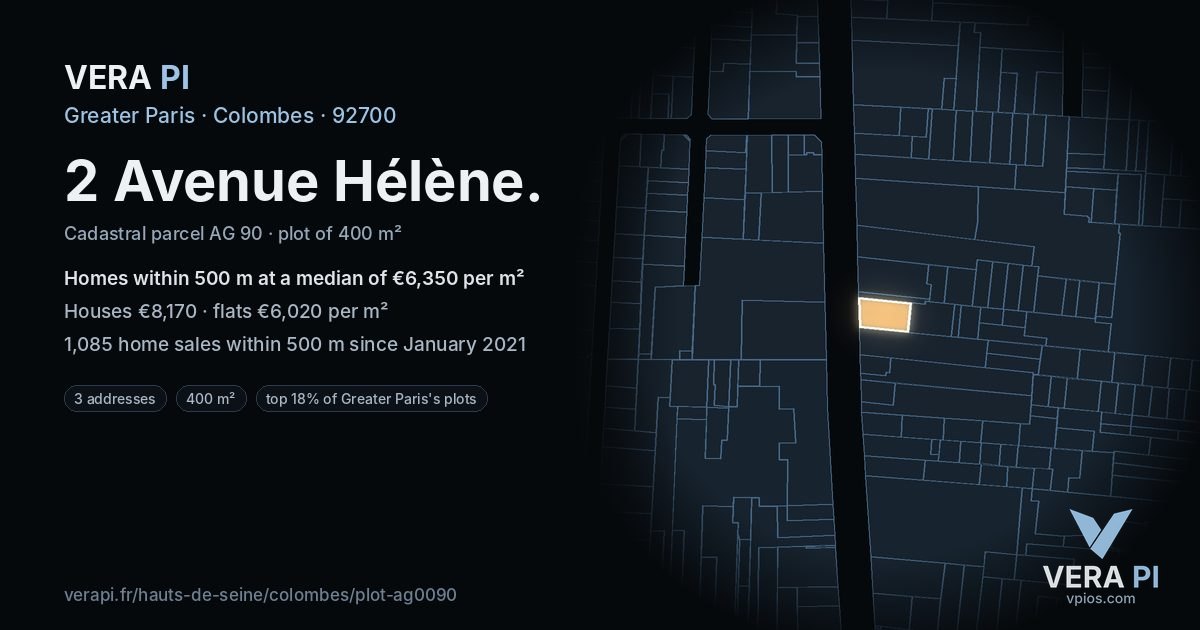 2 Avenue Hélène, Colombes at night – the plot lit, the parcels around coloured by the prices near them