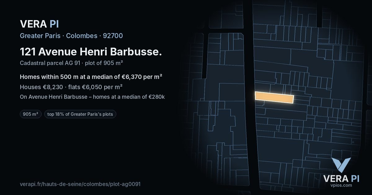 121 Avenue Henri Barbusse, Colombes at night – the plot lit, the parcels around coloured by the prices near them