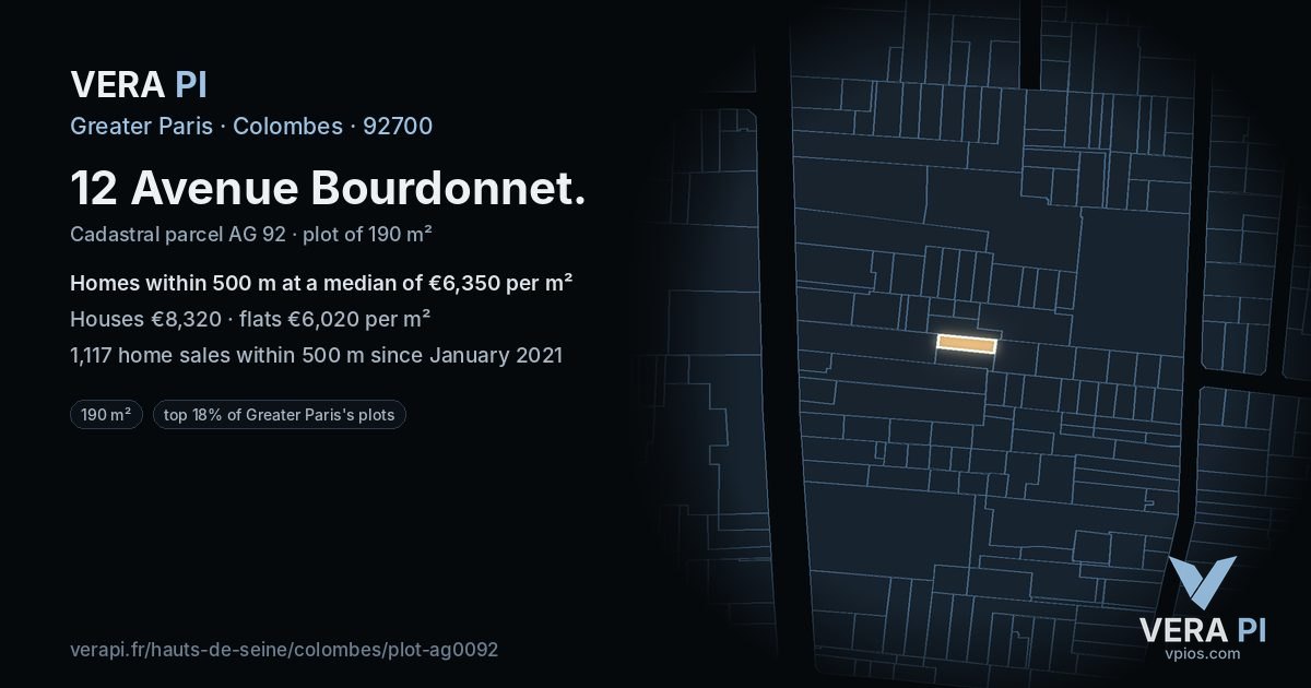 12 Avenue Bourdonnet, Colombes at night – the plot lit, the parcels around coloured by the prices near them