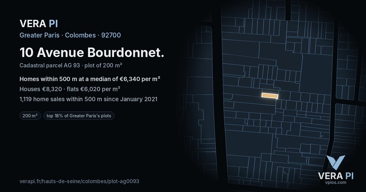 10 Avenue Bourdonnet, Colombes at night – the plot lit, the parcels around coloured by the prices near them