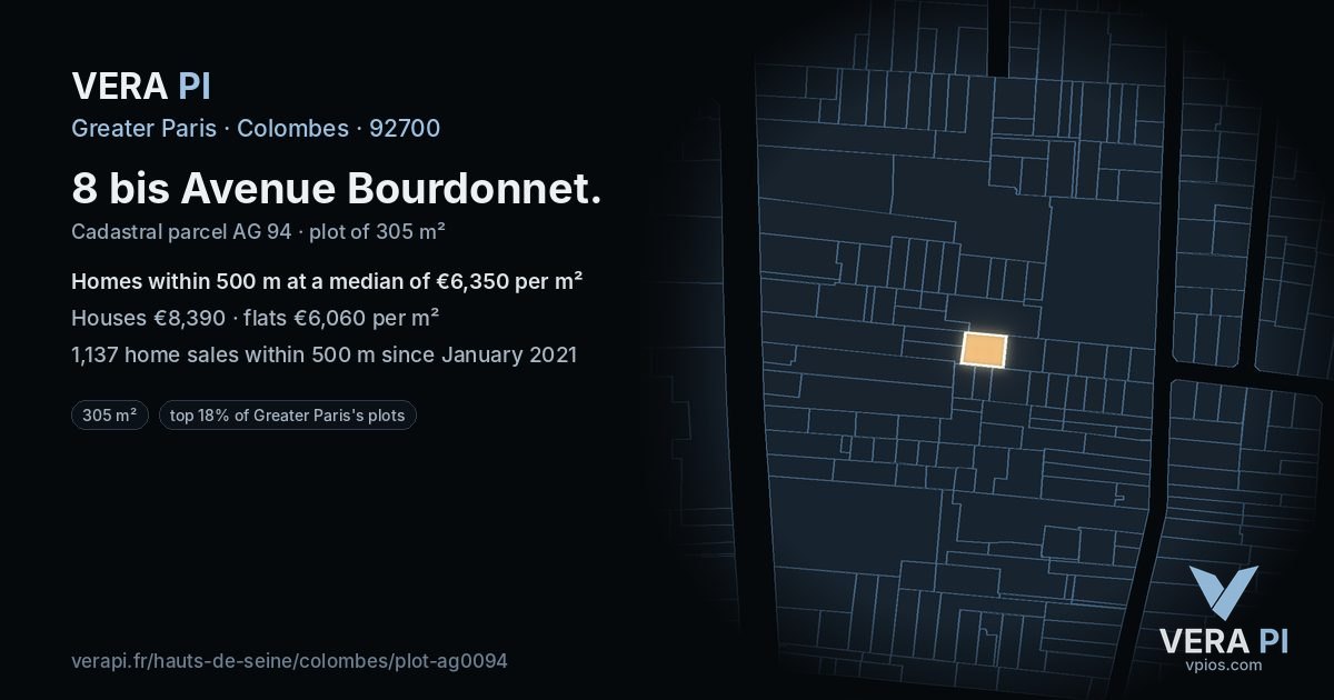 8 bis Avenue Bourdonnet, Colombes at night – the plot lit, the parcels around coloured by the prices near them