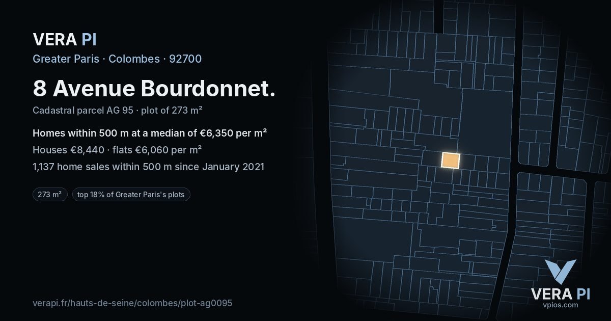 8 Avenue Bourdonnet, Colombes at night – the plot lit, the parcels around coloured by the prices near them