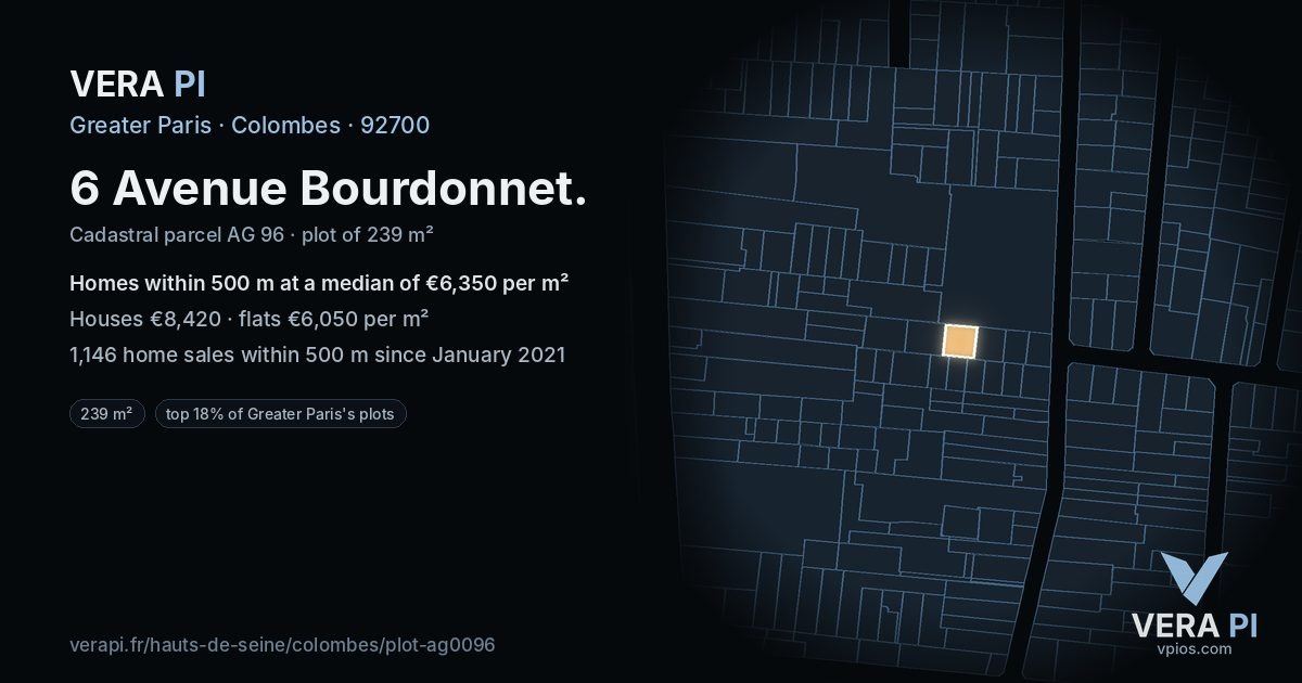 6 Avenue Bourdonnet, Colombes at night – the plot lit, the parcels around coloured by the prices near them
