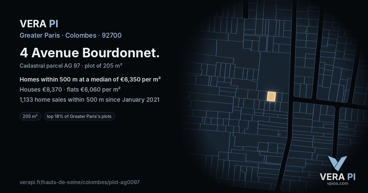 4 Avenue Bourdonnet, Colombes at night – the plot lit, the parcels around coloured by the prices near them