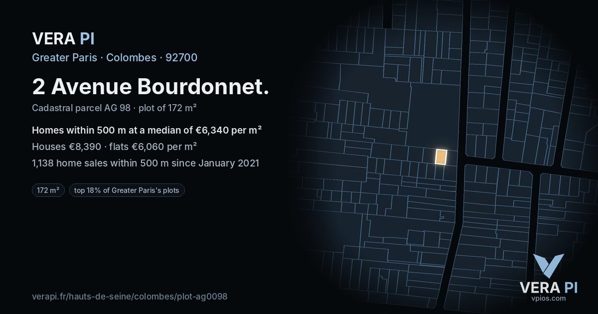 2 Avenue Bourdonnet, Colombes at night – the plot lit, the parcels around coloured by the prices near them