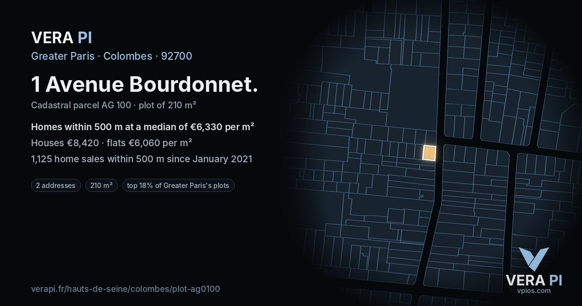 1 Avenue Bourdonnet, Colombes at night – the plot lit, the parcels around coloured by the prices near them