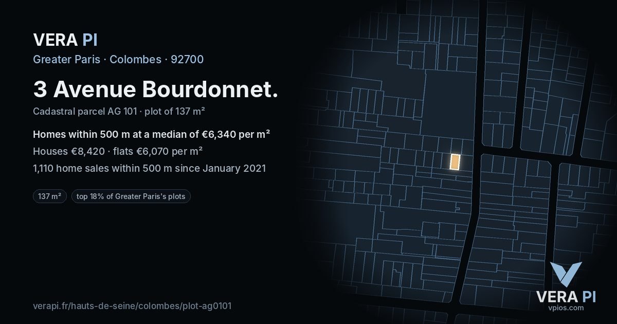 3 Avenue Bourdonnet, Colombes at night – the plot lit, the parcels around coloured by the prices near them