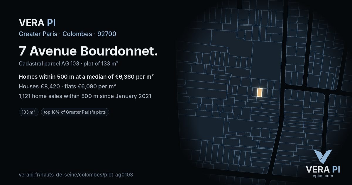 7 Avenue Bourdonnet, Colombes at night – the plot lit, the parcels around coloured by the prices near them